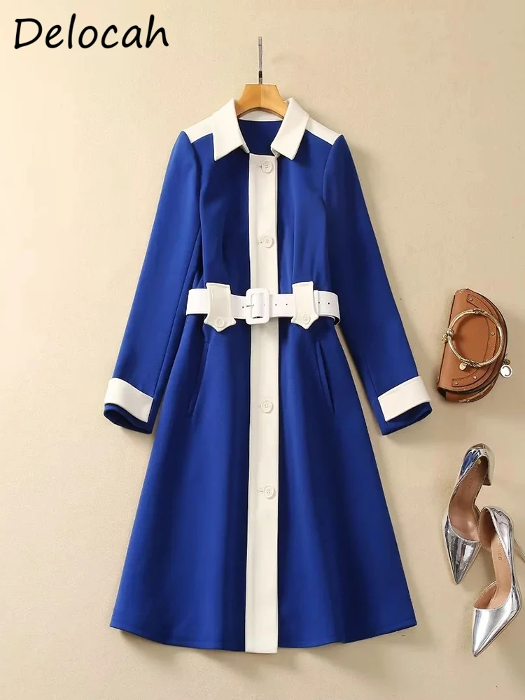 Delocah High Quality Autumn Women Fashion Runway Midi Dress Long Sleeve Blue White Colorblock Patchwork A-Line Ladies Dresses