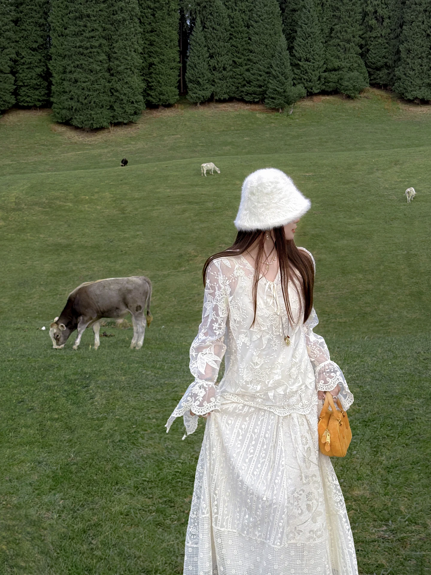 

Женская шифоновая кружевная блузка Zhang ei Autumn 25 'Fumo Qinghuan' теплого и прозрачного абрикосового цвета