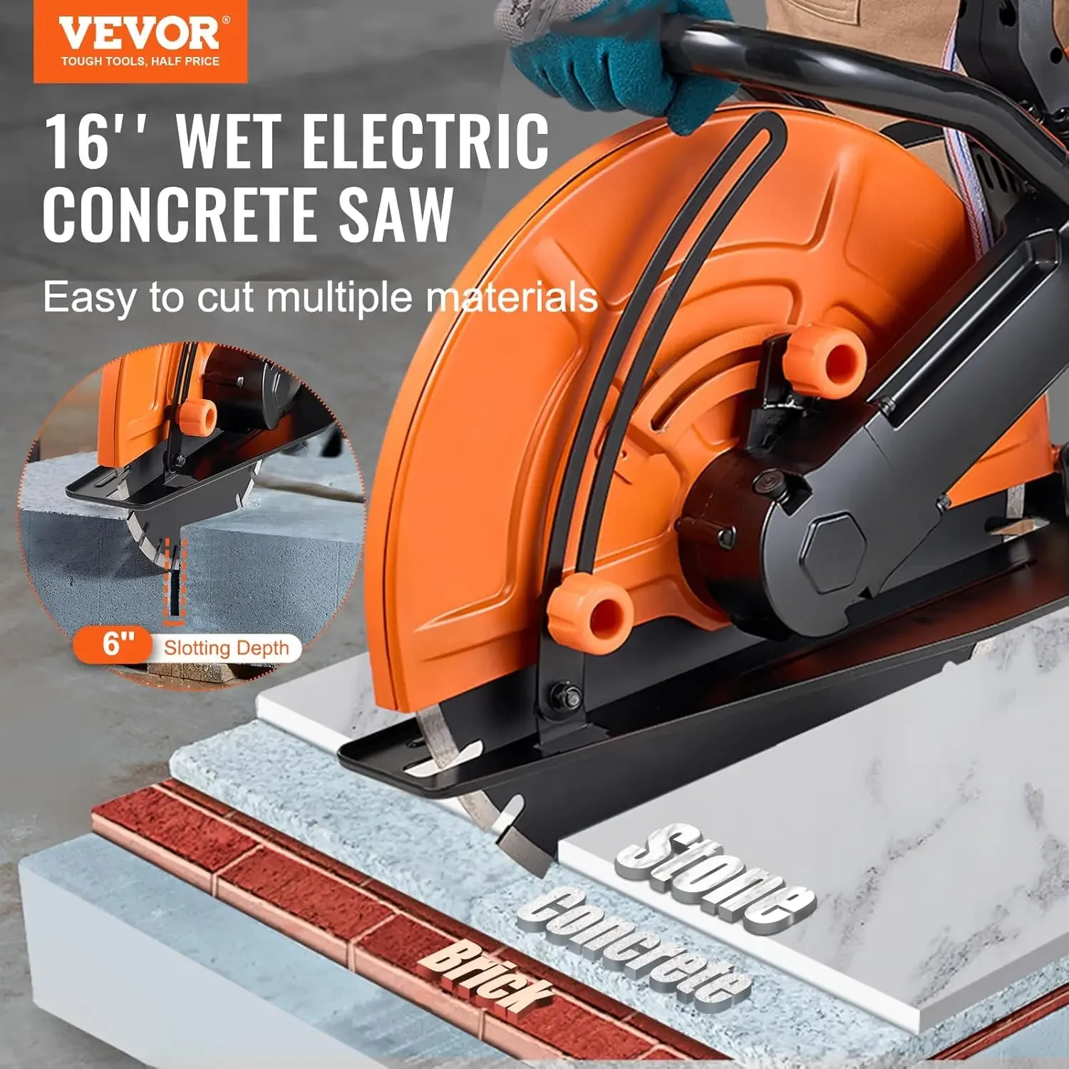 Electric Concrete Saw, 16 in, 3200 W 15 A Motor Circular Saw Cutter with Max. 6 in Adjustable Cutting Depth