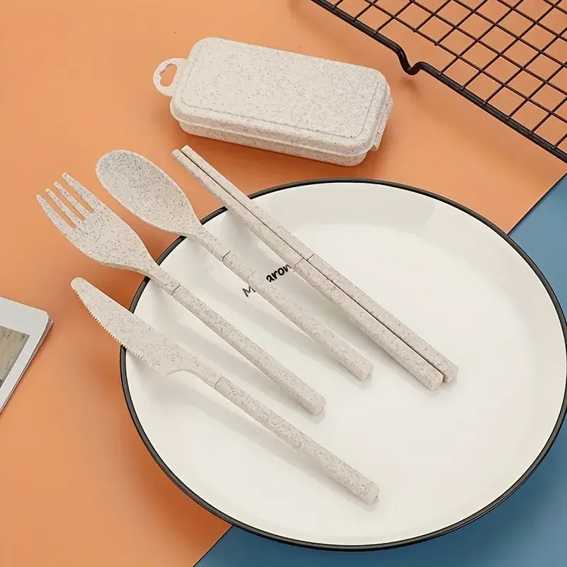 1set Folding Tableware Set Students Portable Travel Chopsticks Spoon Fork Five-piece Storage Outdoor Environmental Protection