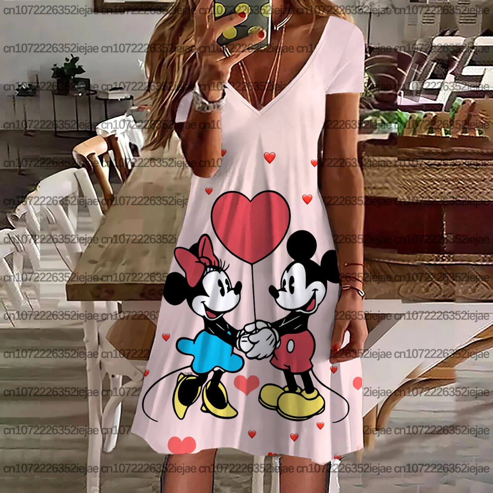 ディズニー ミッキーとミニー プリント レディース カジュアル ルーズ ドレス、クール バケーション トップ、レディース スリップ ドレス、ボヘミアン ビーチ ドレス