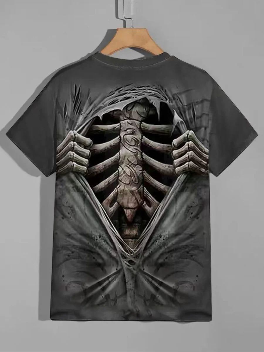 3D Printing 3D Skeleton Rip Print T‑Shirt, Gothic Horror Short Sleeve Streetwear Casual Top A Family Set