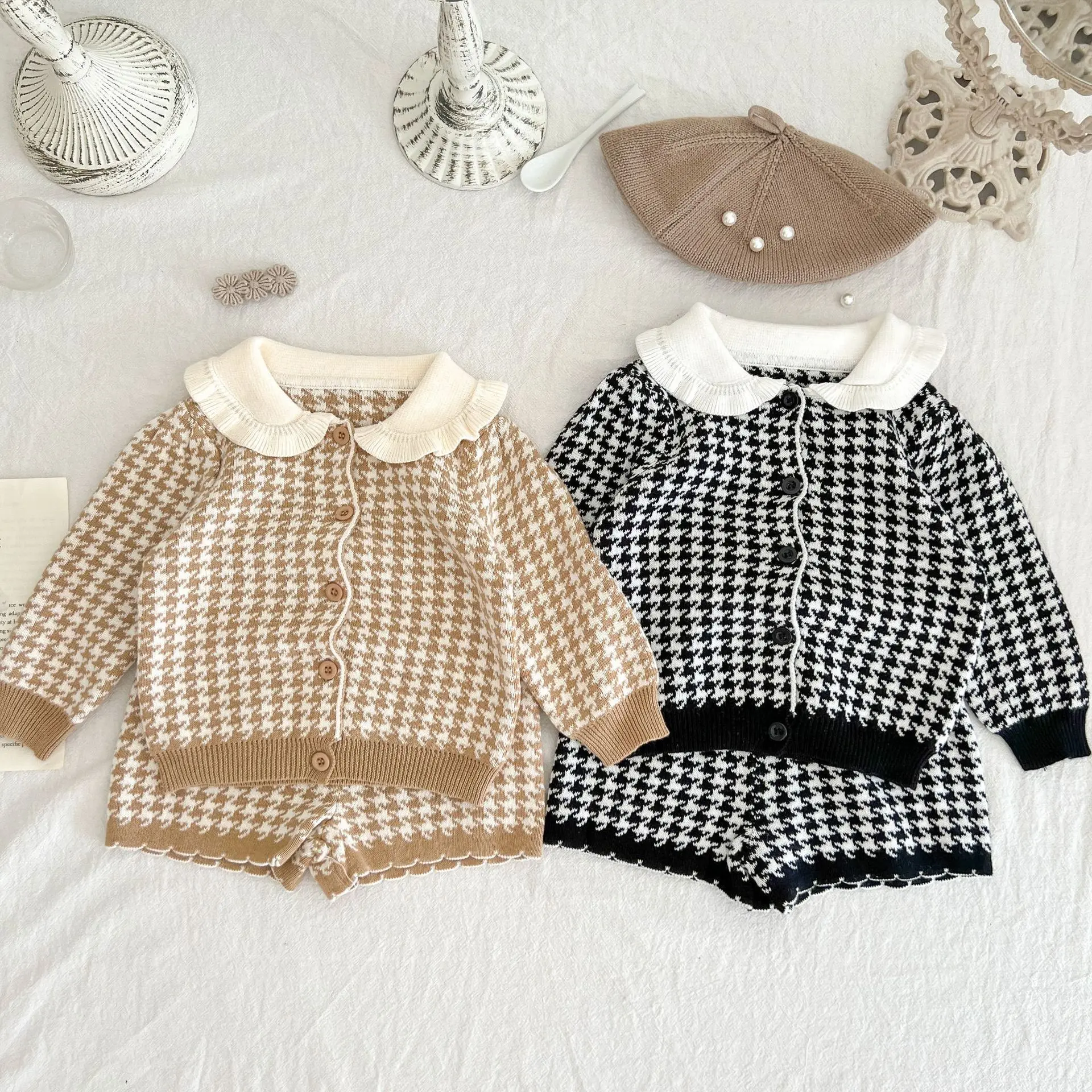 Baby Lotus Leaf Collar Cardigan Coat and Wool Shorts 2-piece Set Spring and Autumn Western Girl Small Fragrant Wind Sweater Set