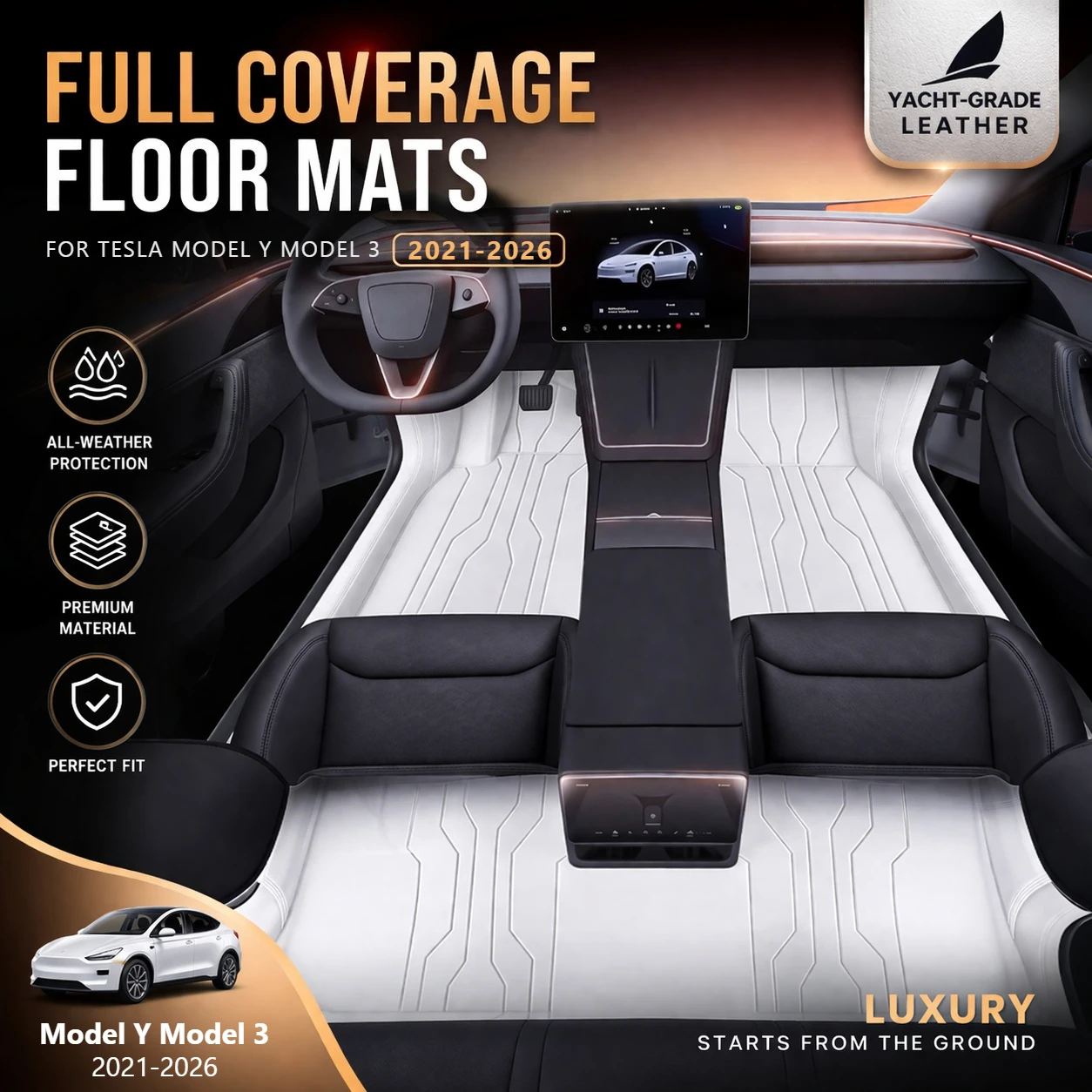 

Full Coverage Floor Mats for Tesla Model Y Model 3 2021-2026 Yacht Grade Leather Material All-Weather Luxury Trunk Liner