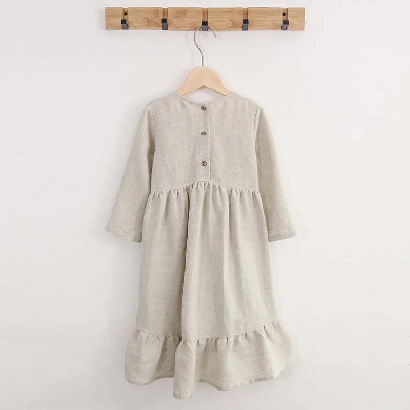 Girls\' Cotton And Linen Princess Dress 2024 Autumn New Children O-neck Long-Sleeve Ruffle Linen Dresses Baby Kids Clothing TZ64