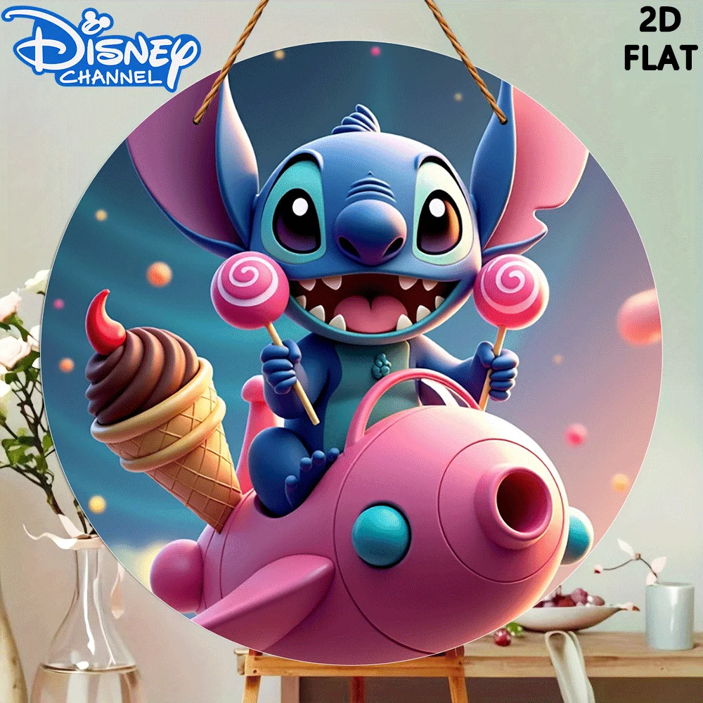 مسطح ثنائي الأبعاد، ديكور منزلي رسمي من ديزني ثنائي الأبعاد - قطعة واحدة من لوحة تعليق الباب الخشبي المستدير (7.87 × 7.87 بوصة)، خشب مع مخروط آيس كريم و