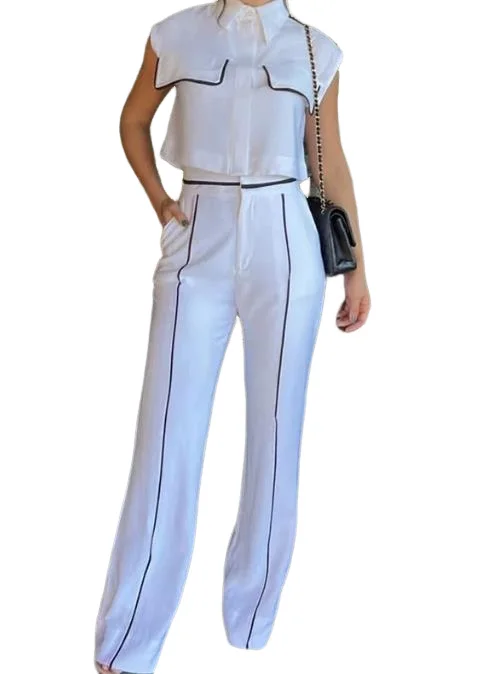 Elegant Commuting Two Pieces Set Women Outfit 23 Summer New Fashion Casual Solid Polo Sleeveless Top&loose Wide Leg Trouser Set