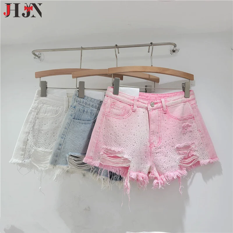 JHJN  Heavy Industry Diamond Hot Denim Shorts For Women NEW High Waist Hottie Hole Flash Wide-Leg Hot Pants