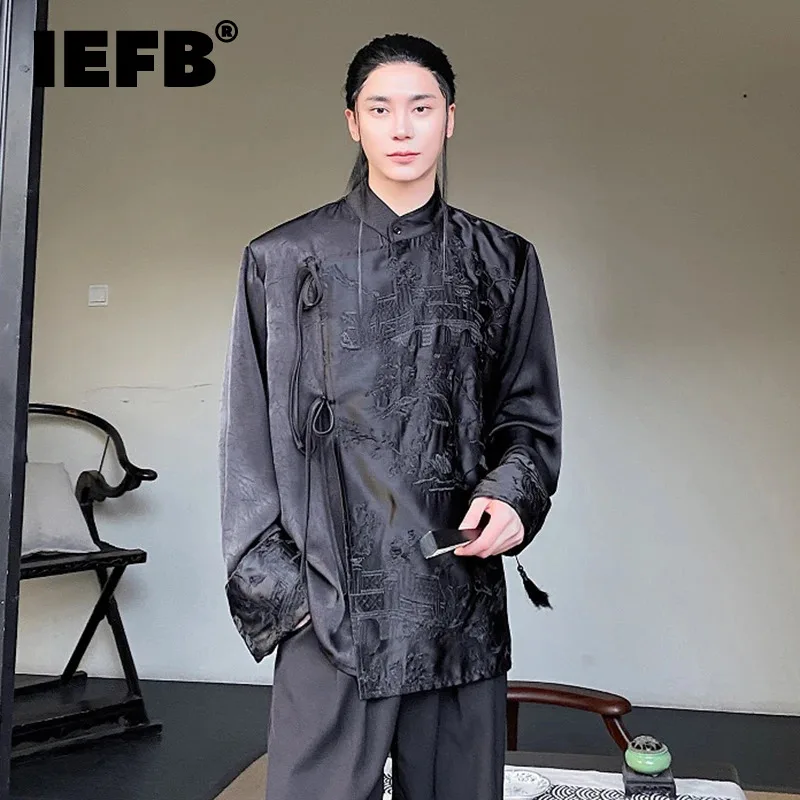 

IEFB Sumemr Shirt New Chinese Style Embroidery Lace-up Stand Neck Long Sleeve Male Top Printing Casual 2024 Fashion 9C5468