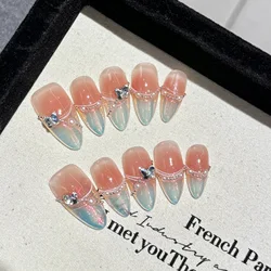 Handmade Press on Nails Aurora Blue French Pearl Crystal Fake Nails Wearable Full Cover Almond Sweet Pink Blush False Nails