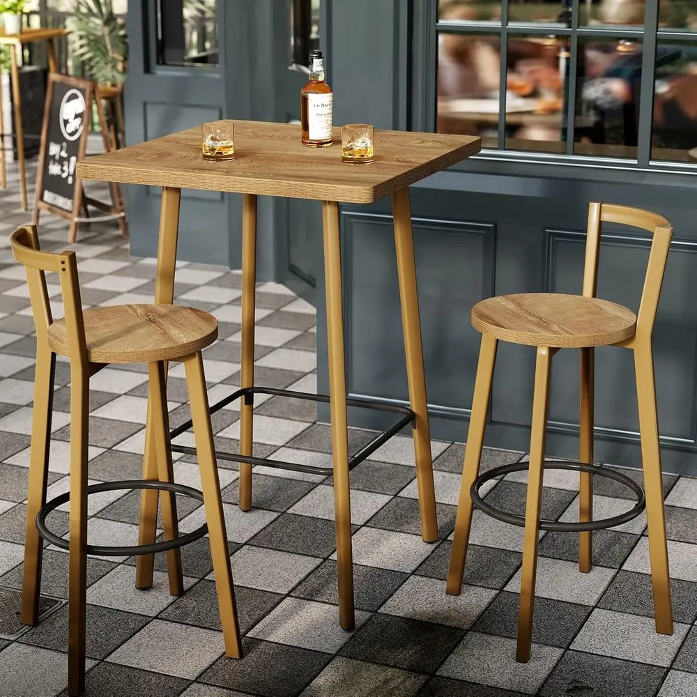 Juego de mesa y sillas de bar de color roble, mesa de pub de bistró cuadrada alta 39,4 con 2 sillas, mesa de altura de bar con reposapiés, ideal para