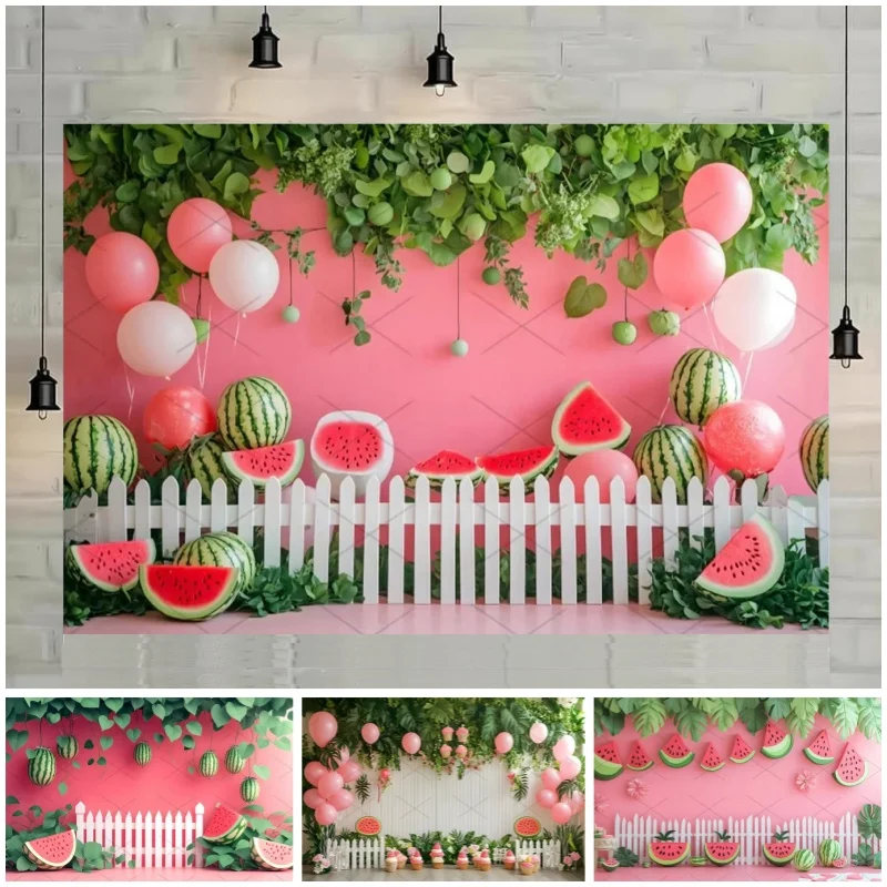 Sommerliche Wassermelonen-Fotografie-Hintergrundkulisse: Rosa Wand, Grüne Blätter, Baby-Geburtstagsparty-Dekoration, Foto-Hintergrund, Fotobox-Requisiten