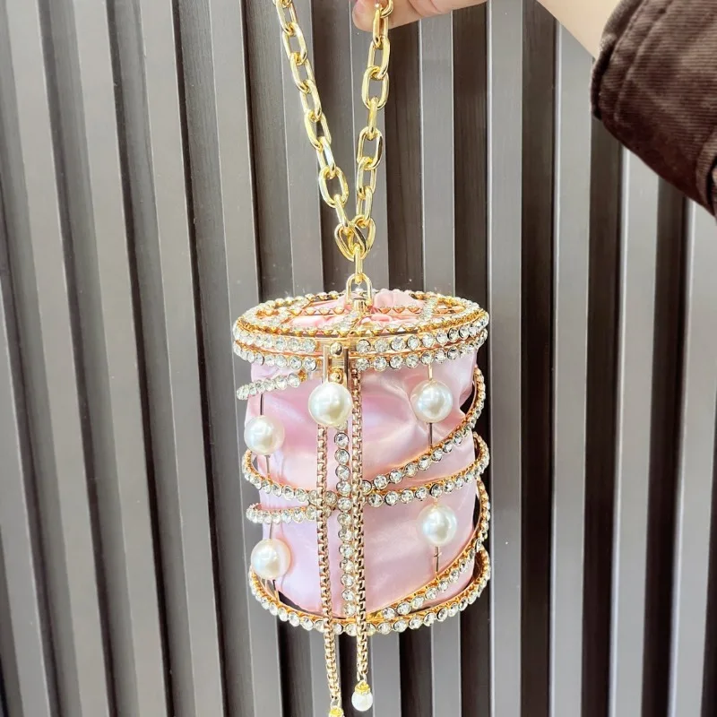 

Metal Bucket Bag Pearl Studded Diamond Crossbody Bags for Women Shoulder Bags Drawstring Chain Purse and Handbags Сумка Женская