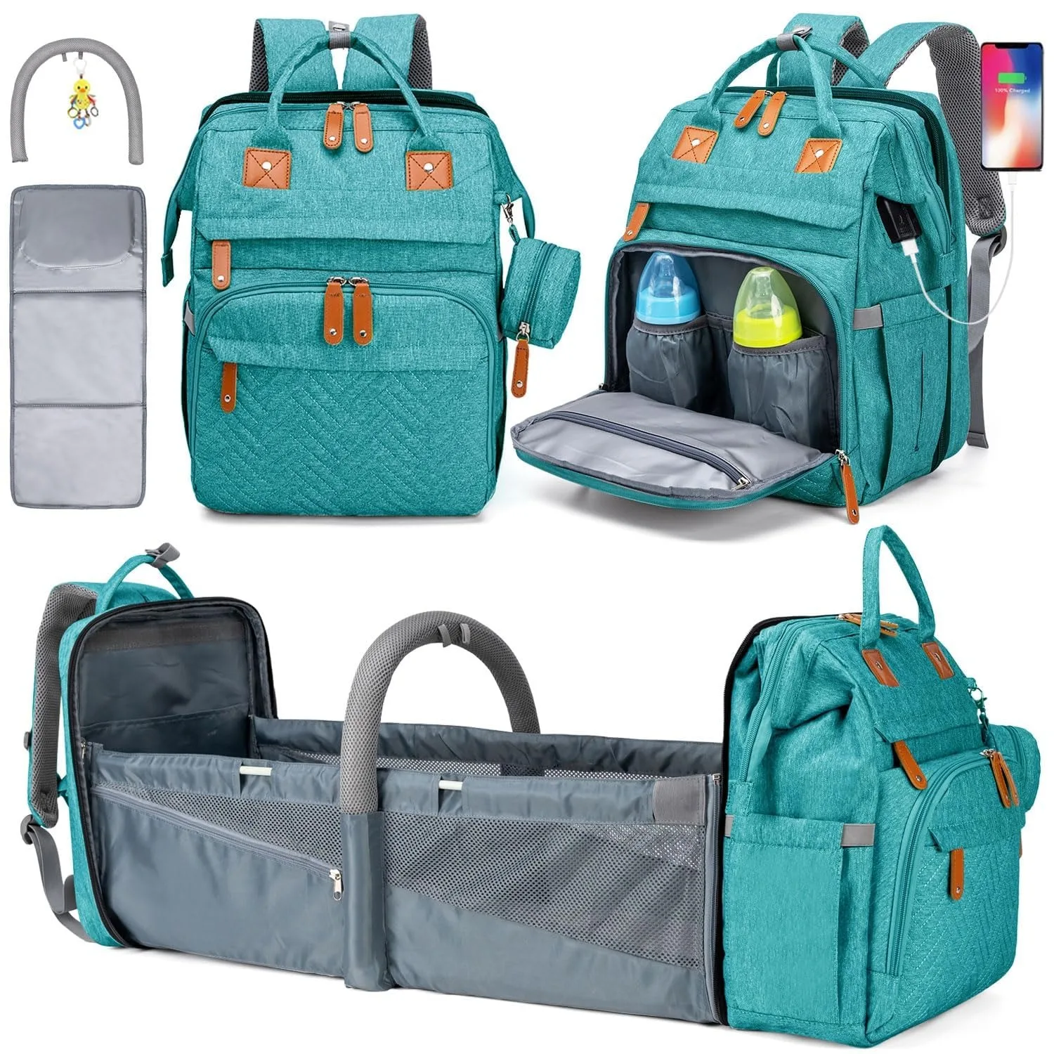 Bolsas de pañales para bebés con cambiador, mochila impermeable de gran capacidad para pañales para mamás y papás con puerto de carga USB y correas para cochecito, regalos para baby shower, rosa, verde, azul