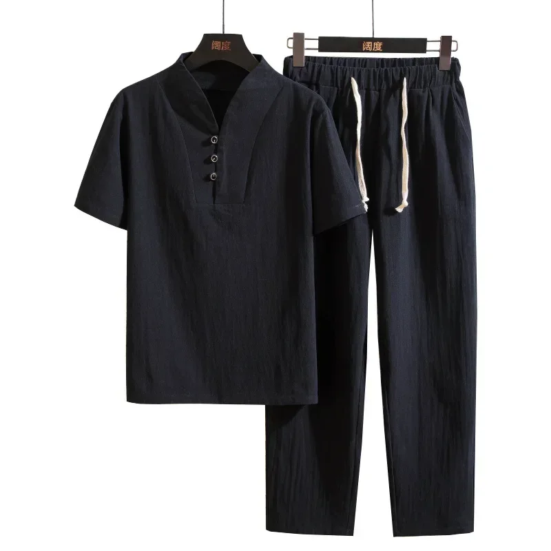 New Arrival Men's Cotton and Linen Short Sleeve T-shirt+Ankle Length Pant Set Solid Shirt+Trousers Home Suits Male Size S-3XL