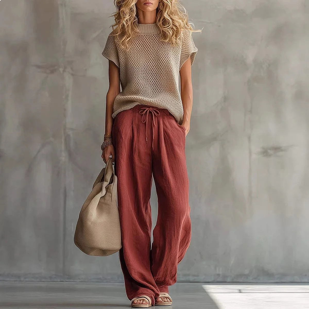 

Knitted Short Sleeve Top and Linen Wide Leg Pants Matching Set Women Retro Spring Summer Two Piece Outfit