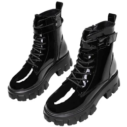 2023 Winter Trend Women's Boots Patent Leather Zipper Warm Punk Gothic Combat Boots Lace Up Sports Casual Thick Sole Biker Boots