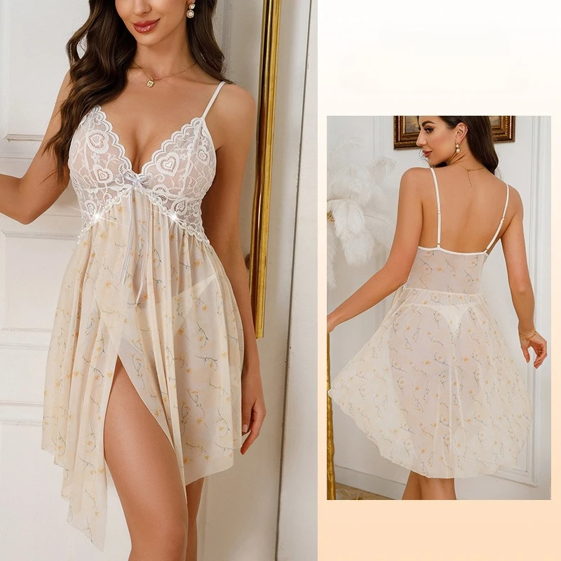 One-piece Multi-style Sexy Nightgown Comfort Smooth and Soft Loungewear Women' Lace Mesh Deep V Suspender Split Print Pajamas