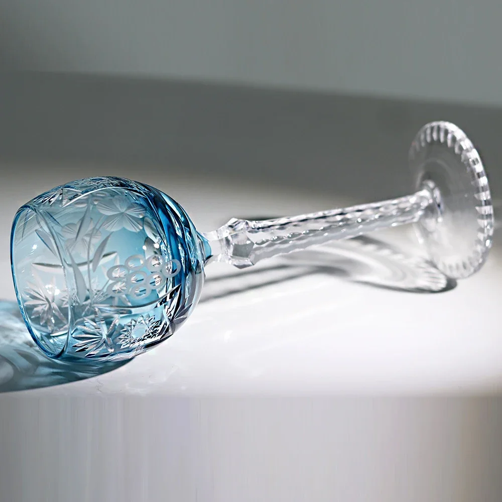 Sky Blue Crystal Edo Kiriko Wine Glass Bohemia Hand Engraved Hock Goblet Classic Stemware