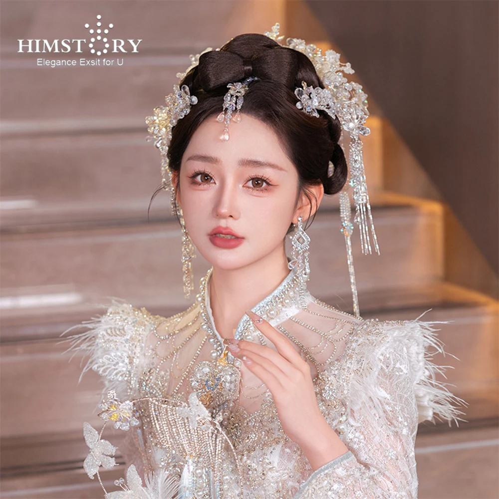 

HIMSTORY Bride Chinese White Xiuhe Dress Ancient Costume Headdress Dragon Phoenix Gown Phoenix Hair Crown Headpiece Accessories