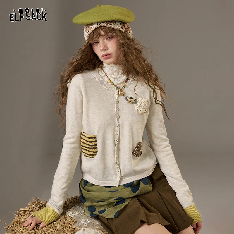 

ELFSACK 2025, осенние новые поступления, повседневный вязаный свитер с овечьим узором и принтом зебры, контрастный цвет, манжеты, вязаный свитер для женщин