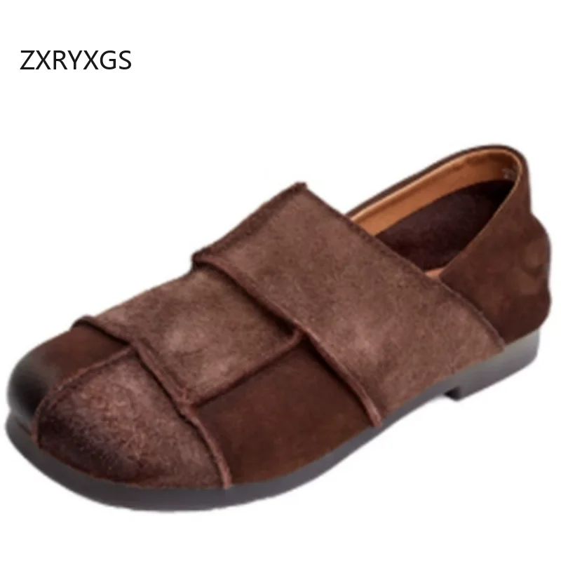 ZXRYXGS Premium Cowhide Classic Retro Splicing Spell Colors Women Flat Shoes 2026 New Fashion Full Real Leather Trendy Flats