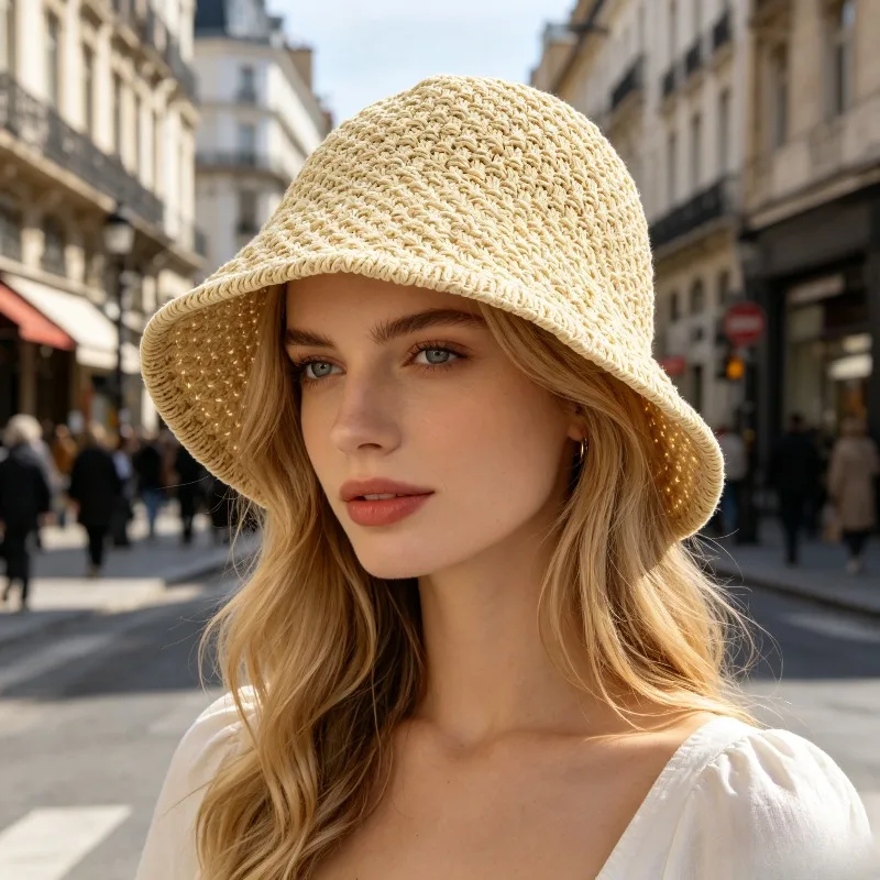 1pc Summer Floppy Big Beach Knitted Straw Hats for Women Foldable Wide Brim Packable Sun Hat Womens Travel Straw Fedora Hats