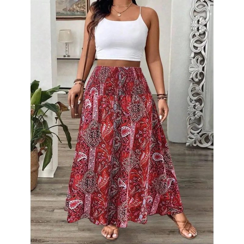 プラスサイズ 1XL-5XL 女性のボヘミアンプリントスカートレディースレジャー気質丈スカート弾性ウエスト女性ロングスカート