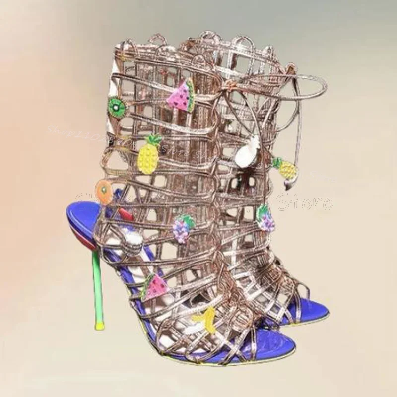 

Mixed Color Fruit Design Cut Heel Sandals Boots Lace Up Women Shoes Thin High Heels Fashion Party Feast 2025 Zapatos Para Mujere