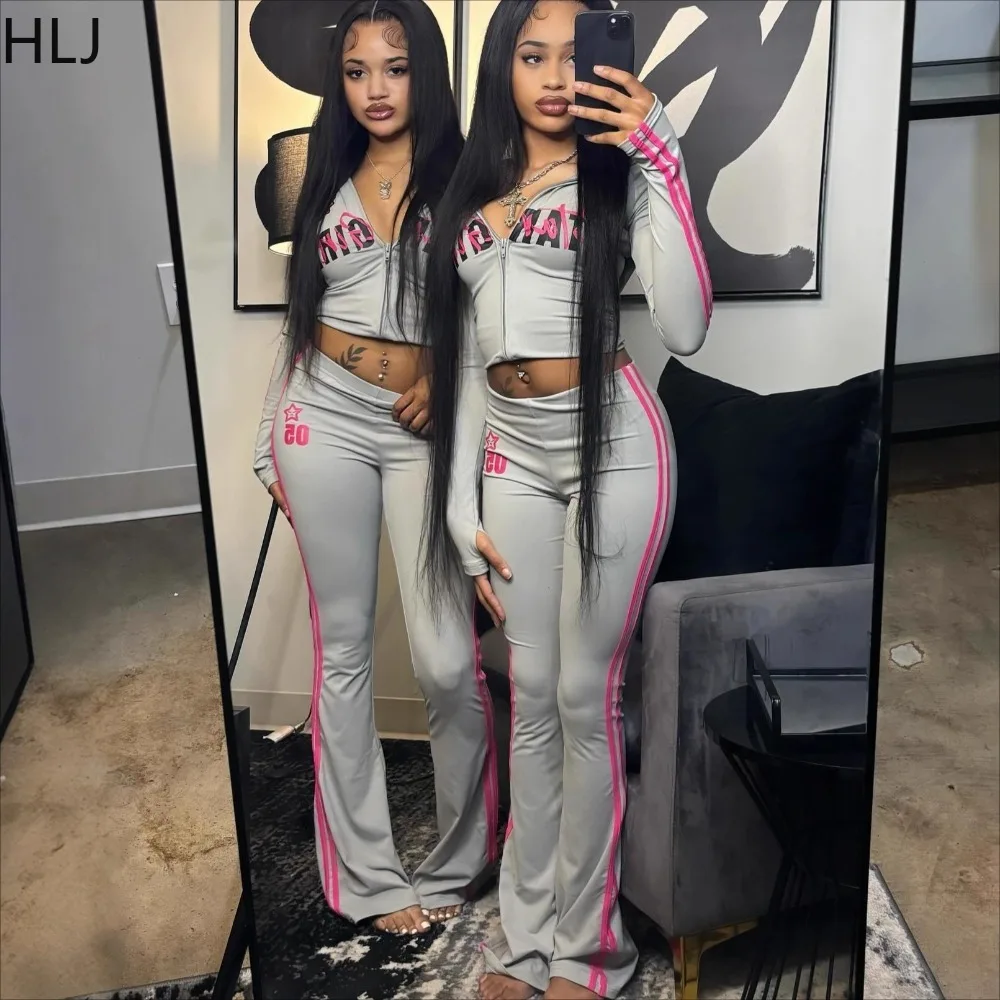 Zestaw dwuczęściowy HLJ Fashion z nadrukiem liter, dla kobiet, bluzka crop top na zamek z paskami i patchworkiem oraz spodnie typu flare, pasujący strój streetwearowy dla kobiet.