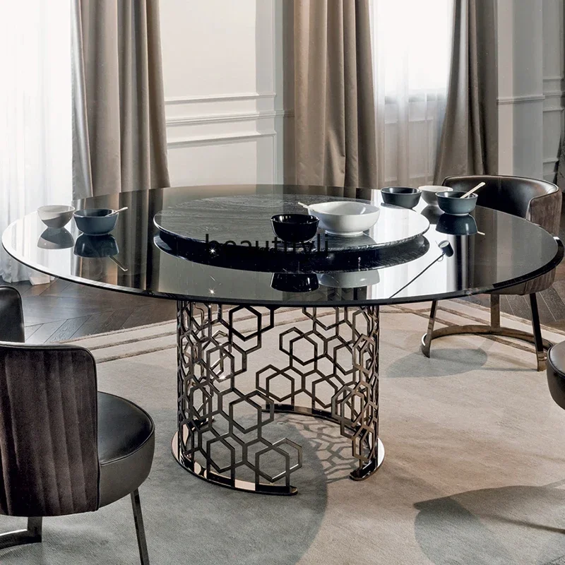

6239Light luxury stainless steel laser round dining table restaurant marble dining table with turntable negotiation table6239