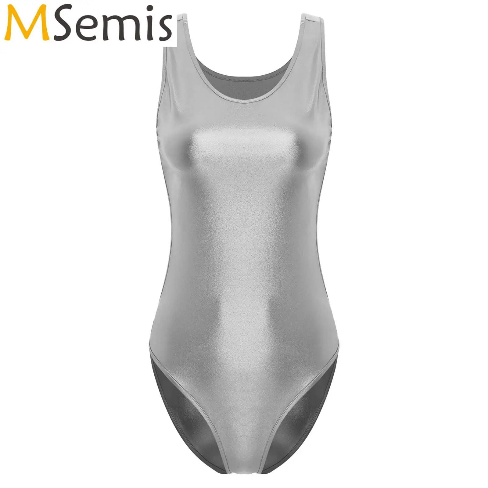 

Womens Metallic Shiny Bodysuit Swimsuit Swimwear Scoop Neck Back Cutout High-Cut Leotard Bodysuit Jumpsuit Swimming Bathing Suit
