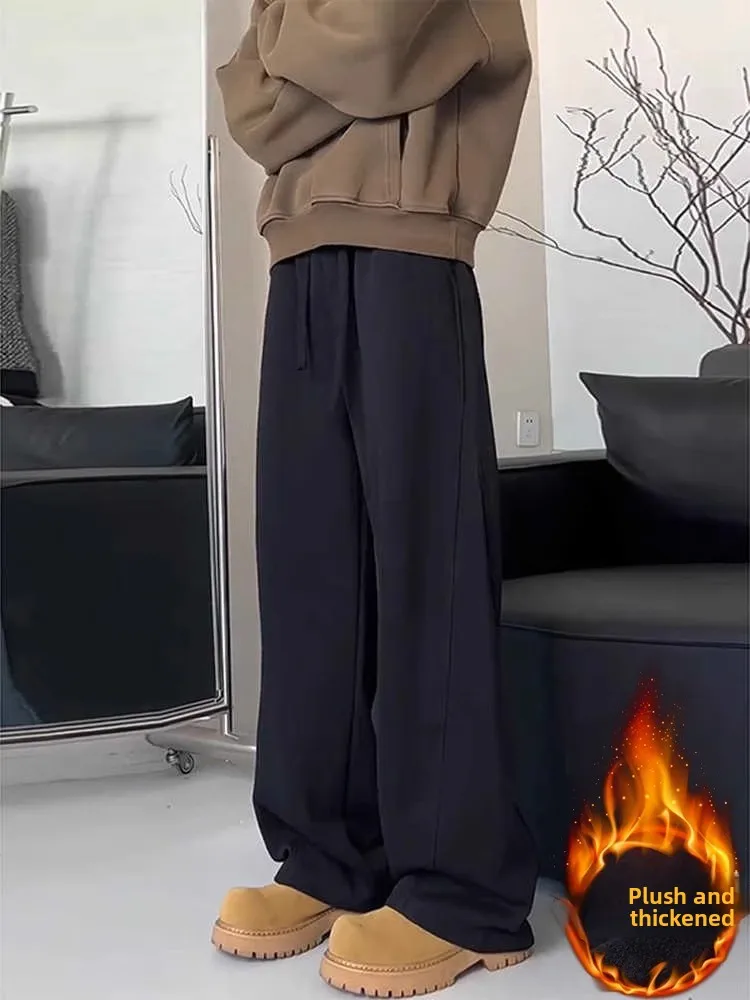 

American Sle Men's Fce Lined Wide Leg Sweatpants Autumn Winter Drapey Knife Casual Long Trousers Cleanfit Sportswear