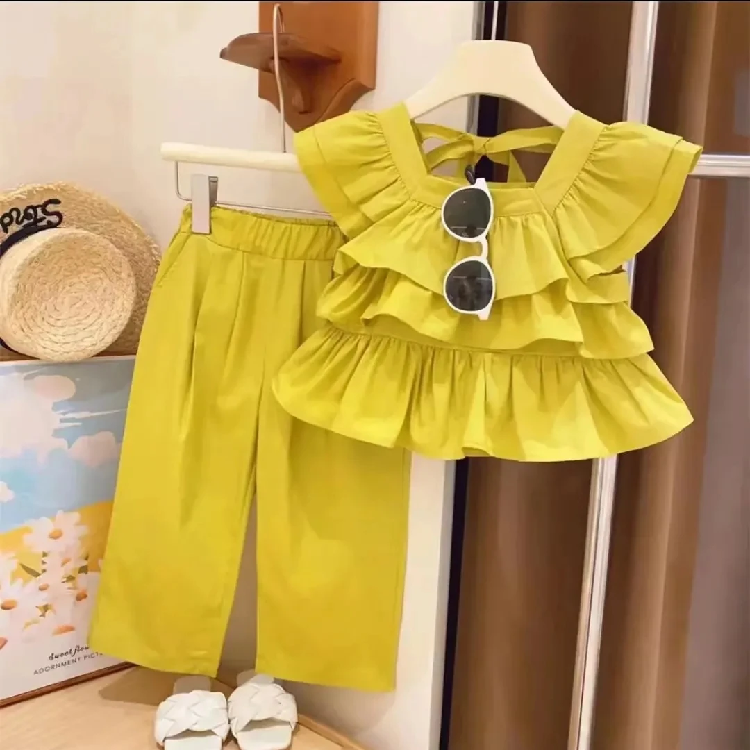 Girls Baby Clothing Set Summer New Children\'s Design Feeling Lace Flying Sleeves Shirt Casual Pants Two Piece Set