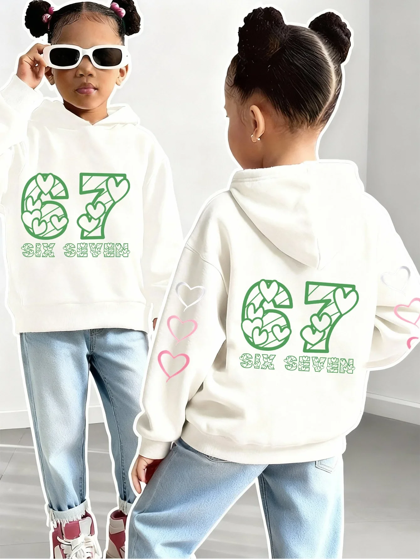 Hearts & Stripes: A Whimsical Journey Through Numbers Hooded Sweatshirt Long-sleeved Casual Outdoor Top for Girls