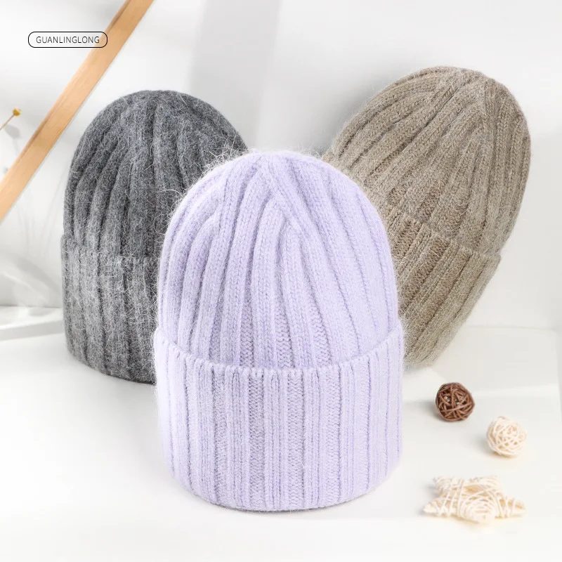 

New Solid Rabbit Fur Winter Hat For Women Wool Top Quality Hat Autumn Beanies Warm Bonnet Skullies Fashion Cap Gift Wholesale