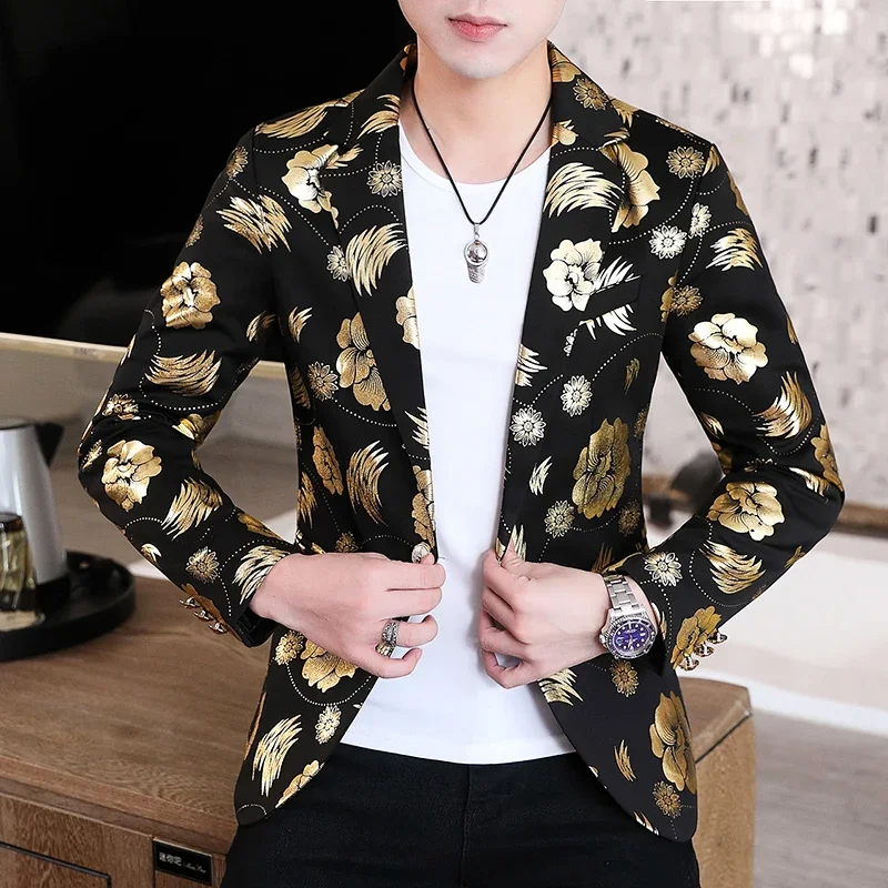 Men Golden Flower Print Blazers 2024 Spring Formal Dress Tuxedo Casual Slim Fit Suit Jacket / High Quality Fashion Men Clothing