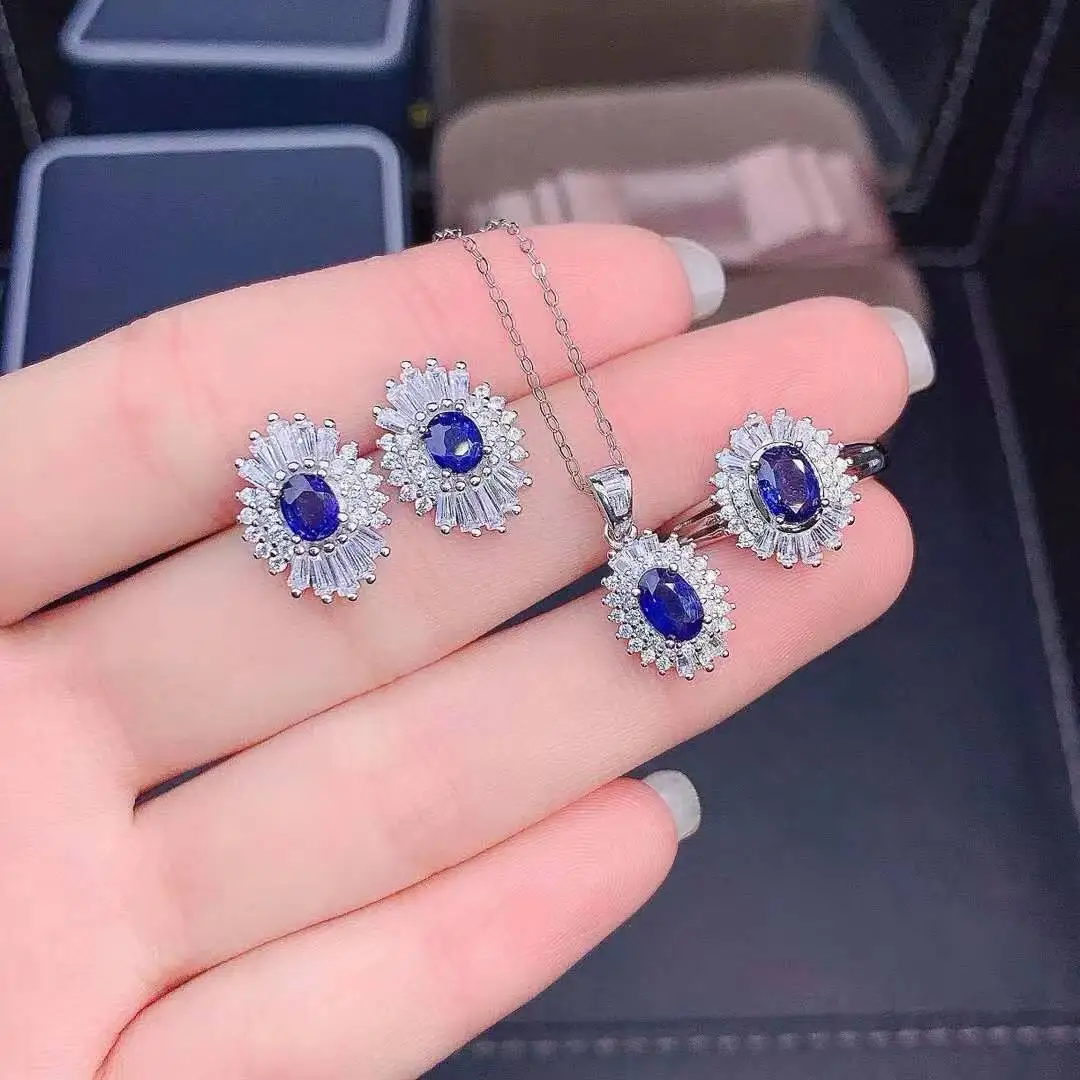 100% Natural Real Sapphire Set 925 Sterling Silver Female Wedding Jewelry set 1pc ring,1pc pendant,2pcs earrings