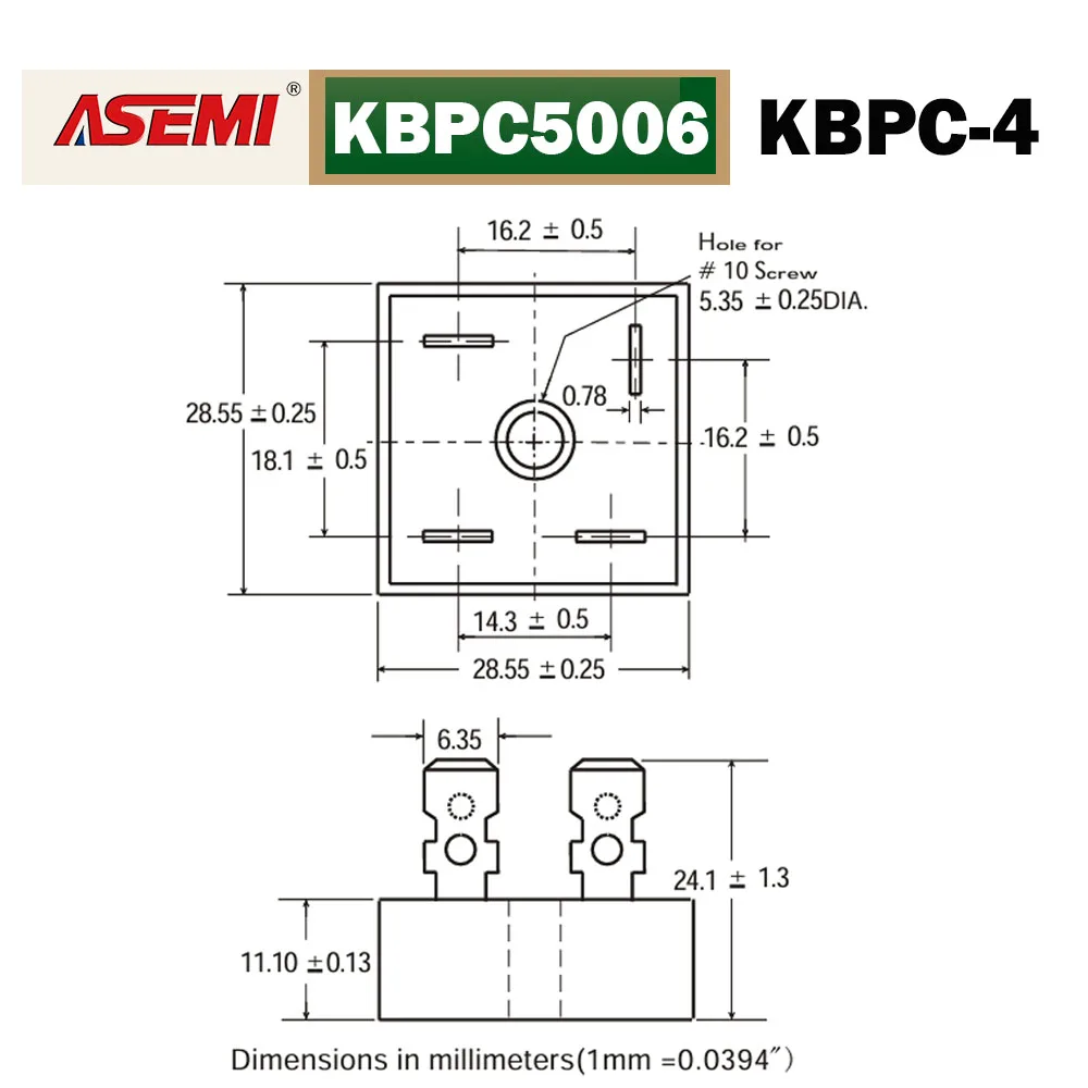 KBPC5006 50A 600V Einphasiger Brückengleichrichter 180mil KBPC-4 Quadratisches Design für Elektrische Anwendungen ASEMI – Detail 3