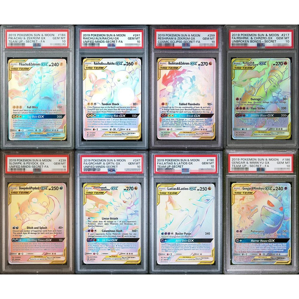 

Коллекционная карта Diy Ptcg Proxy Graded 2019, Sun & Moon Gengar & Mimikyu Gx Team Up-Secret-Fa 186/184 Gem Mt 10, карты с этикетками, подарок