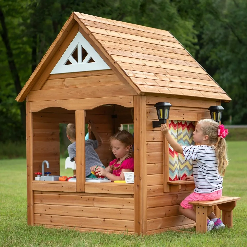 All Cedar Wooden Playhouse, Country Style, Dutch Front Door, Flower Pot Holders, Stove, Sink, Plastic Food, Doorbell