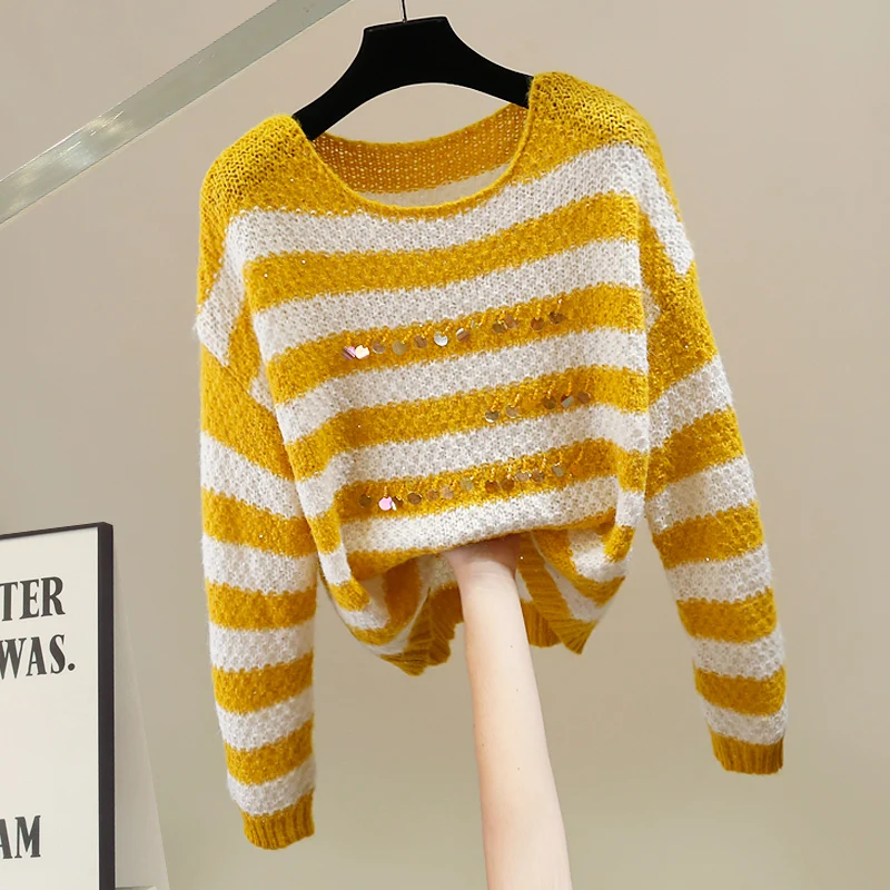 

Korean Sle Heavy Work Sequin Striped Patchwork Knitted Sweater Loose Long Sve Top Trendy Commute Sle Autumn Warmth