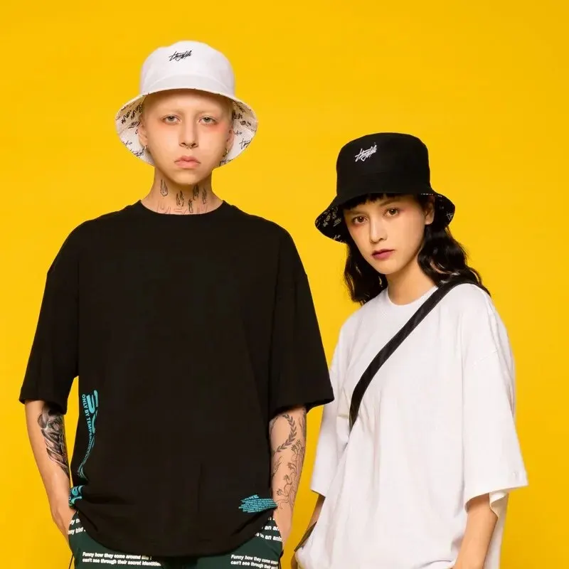 Fashion Graffiti Letters Print Cotton Bucket Hat For Men Women Double-sided Wear Wide Brim Sun Hats Soft Foldable Fisherman Caps