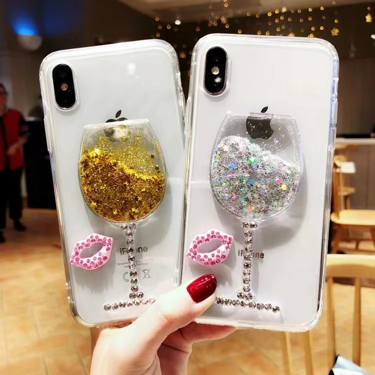 

Quicksand wine cup Bumper Case For iPhone 15 14 13 12 11 16 Pro Max Mini Plus Bling Glitter Diamond Rhiestone Frame Coque