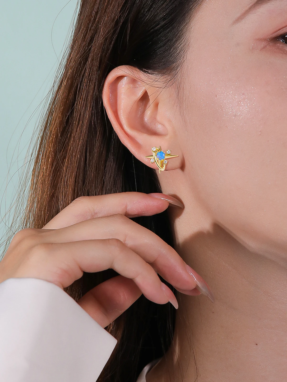 TYYL-pendientes de ópalo azul para mujer, joyería elegante para mujer, Halo envolvente, estrella brillante, fiesta, regalo de boda Simple para niña