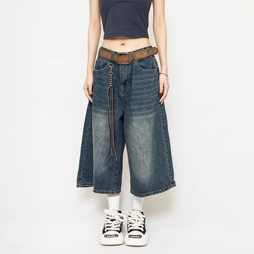 Men High Waist Black Retro Washed Denim Shorts New American Vintage Loose Wide Leg Streetwear Mid Denim Pants