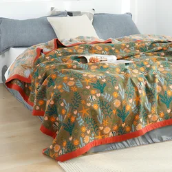 Reversible Cotton Throw Blanket with Marine Life Jacquard Boho Chic Bedspread Decorative Sofa Cover Breathable Gauze Quilt