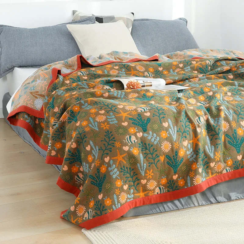 Reversible Cotton Throw Blanket with Marine Life Jacquard Boho Chic Bedspread Decorative Sofa Cover Breathable Gauze Quilt