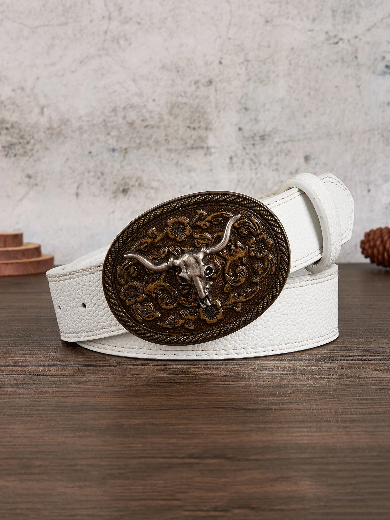 1pc Men's Retro Fashion Casual Cowhide Bull Head Carved Disc Buckle Multi-Color Cracked Leather Waist Belt