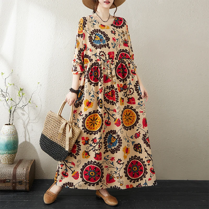 

Elegant Anti-Aging Cotton Linen Print round Neck Loose plus Size Women's Dress Artistic Style Long Sleeve Daily Wear Summer D...